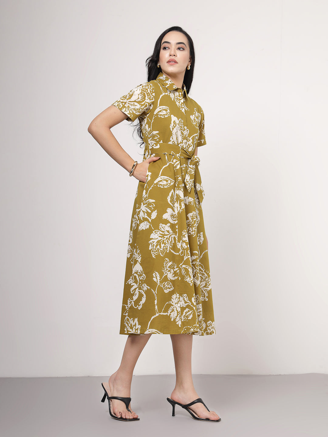 Olive Botanical Print midi Dress