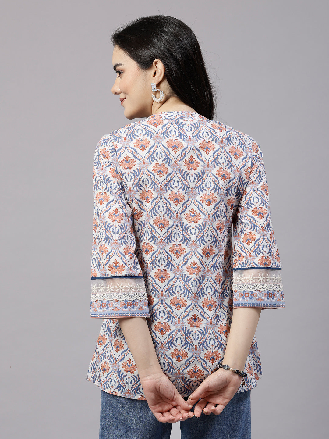Blue Printed Top with lace detail