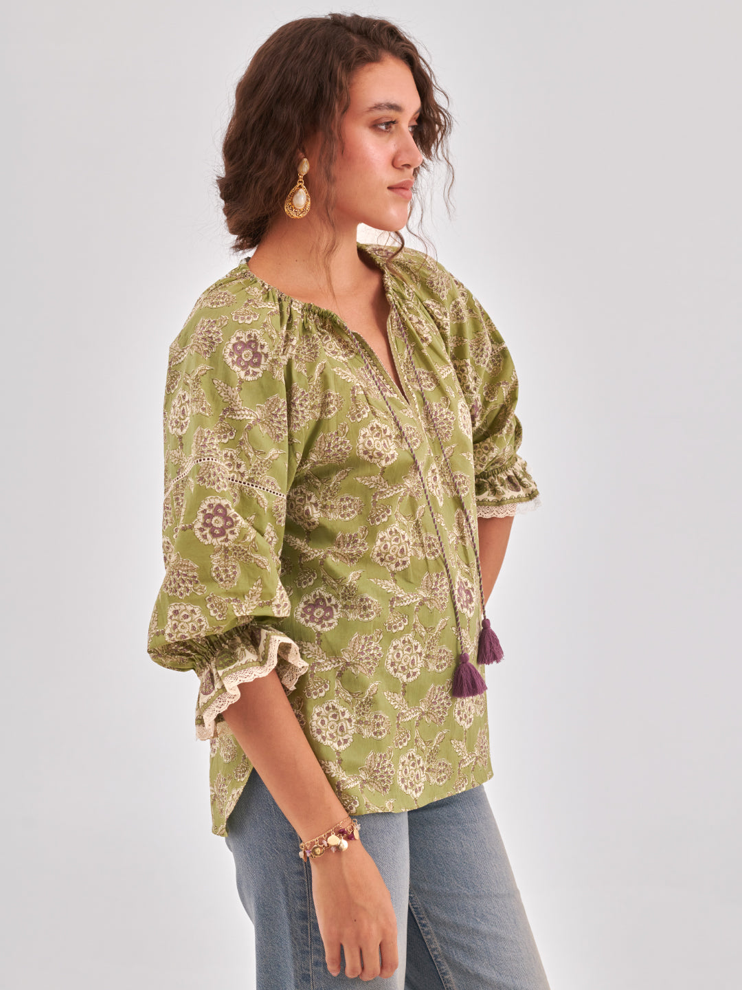 Floral print puff sleeve cotton top