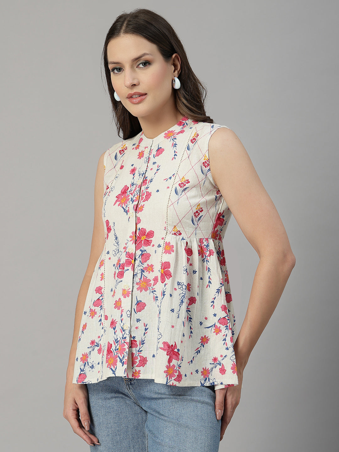 Pink Floral Sleeveless Cotton Top