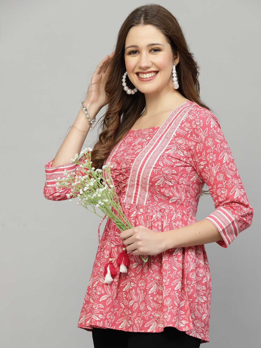 Pink Floral Print Tie up Top