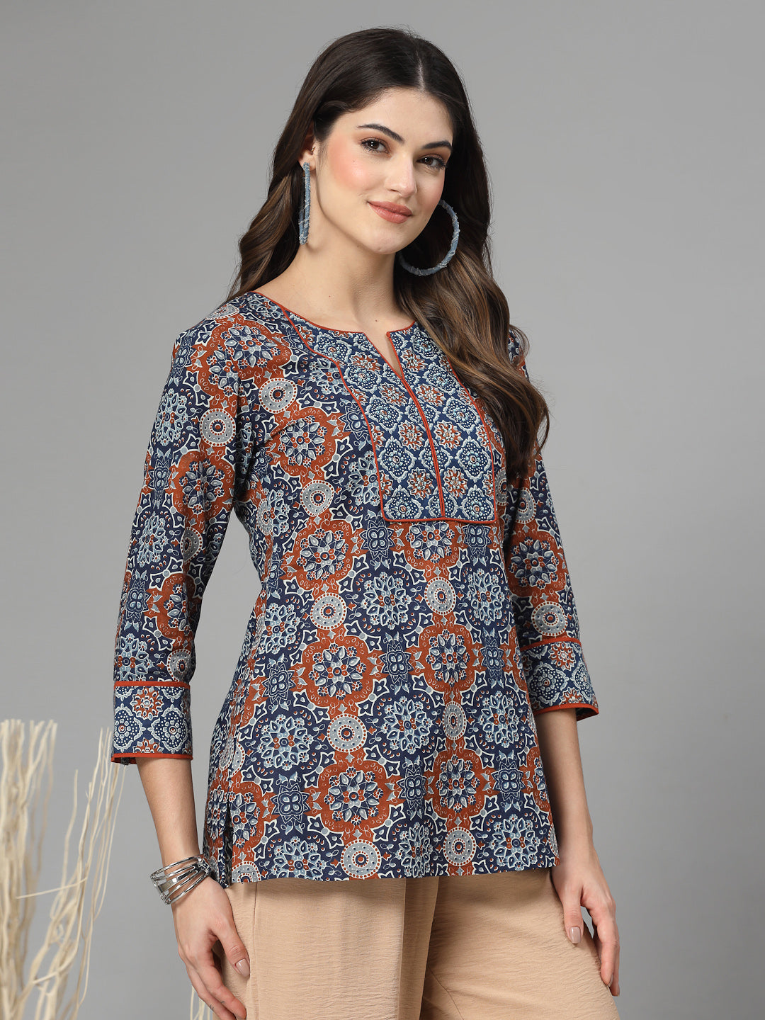 Blue Printed Staright Cotton Top