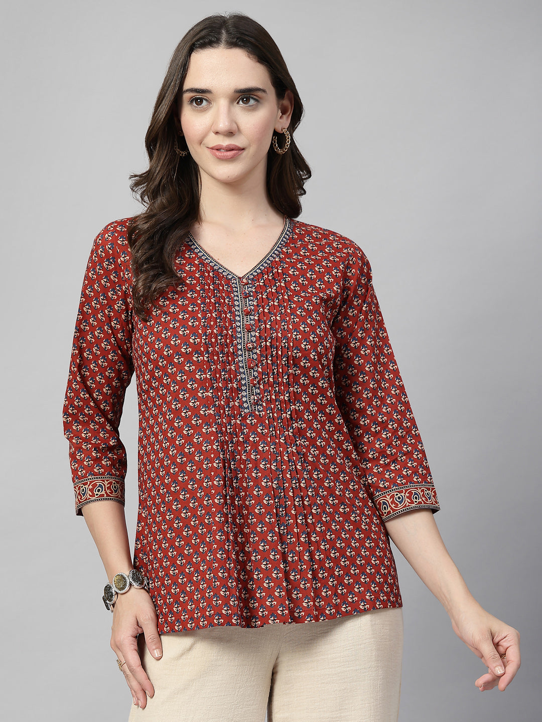 Printed Cotton Pintucks Top