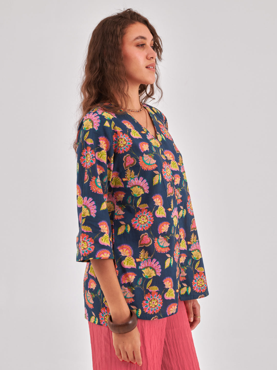 Floral Print Cotton Shirt Style Top