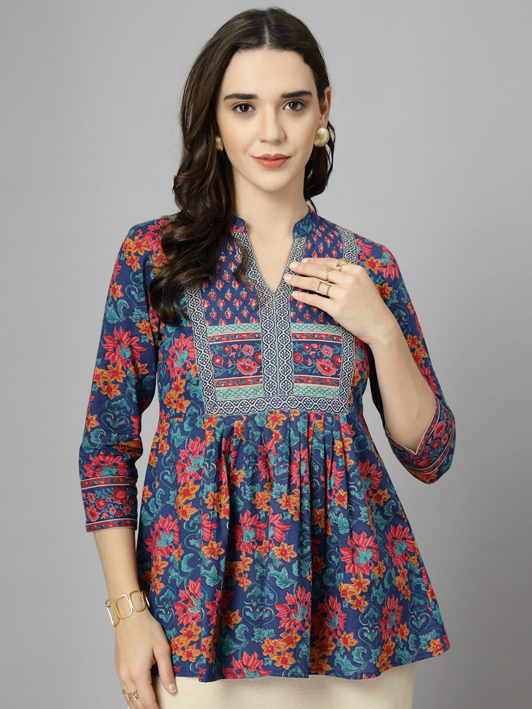 Floral Print Mandarin Collar Cotton Top