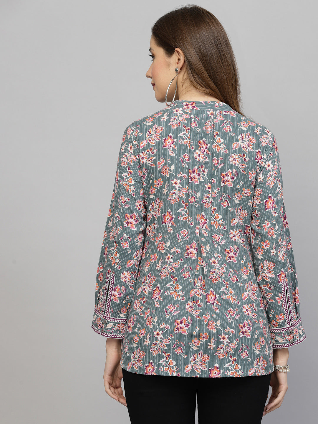Grey Floral Printed Shirt Style Top