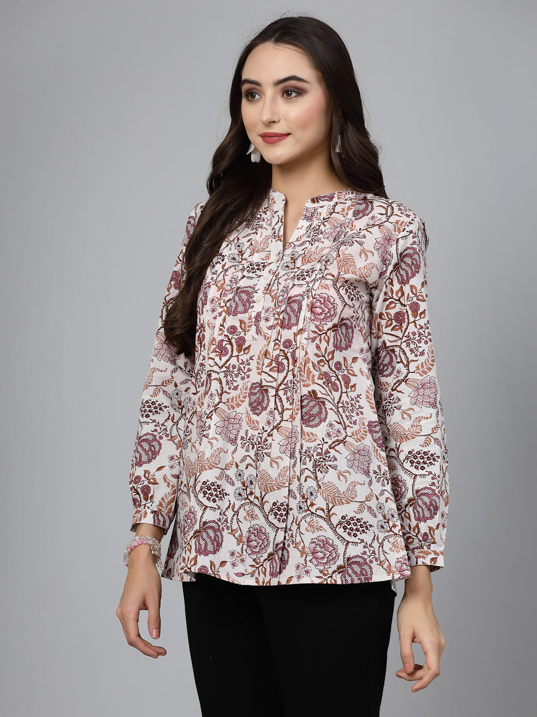 Offwhite printed top with pintucks detail