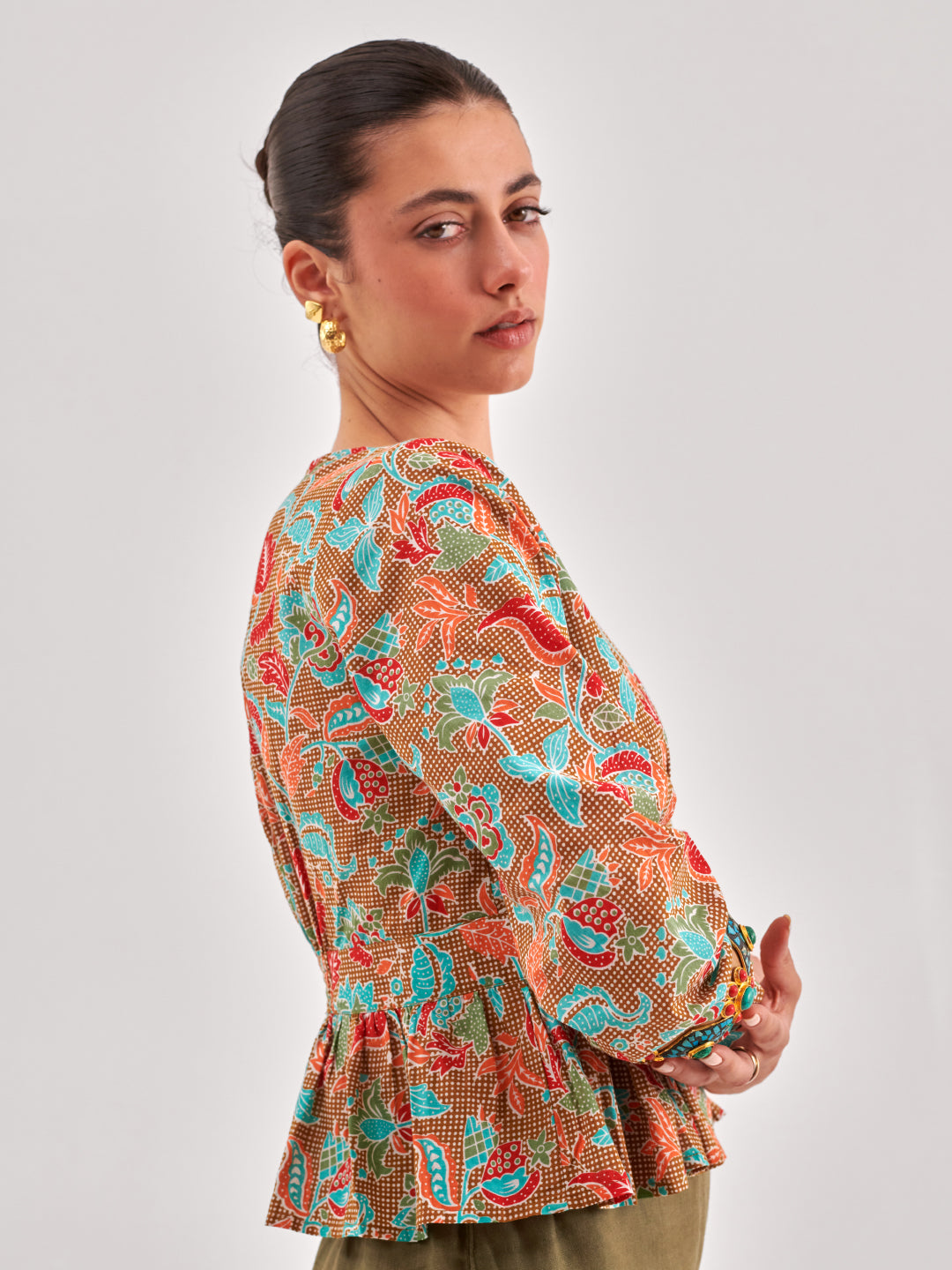 Khaki printed cinched waist top