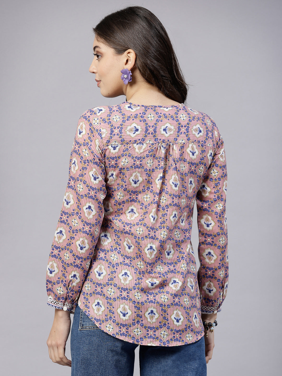 Pink floral printed Top with lace inserts