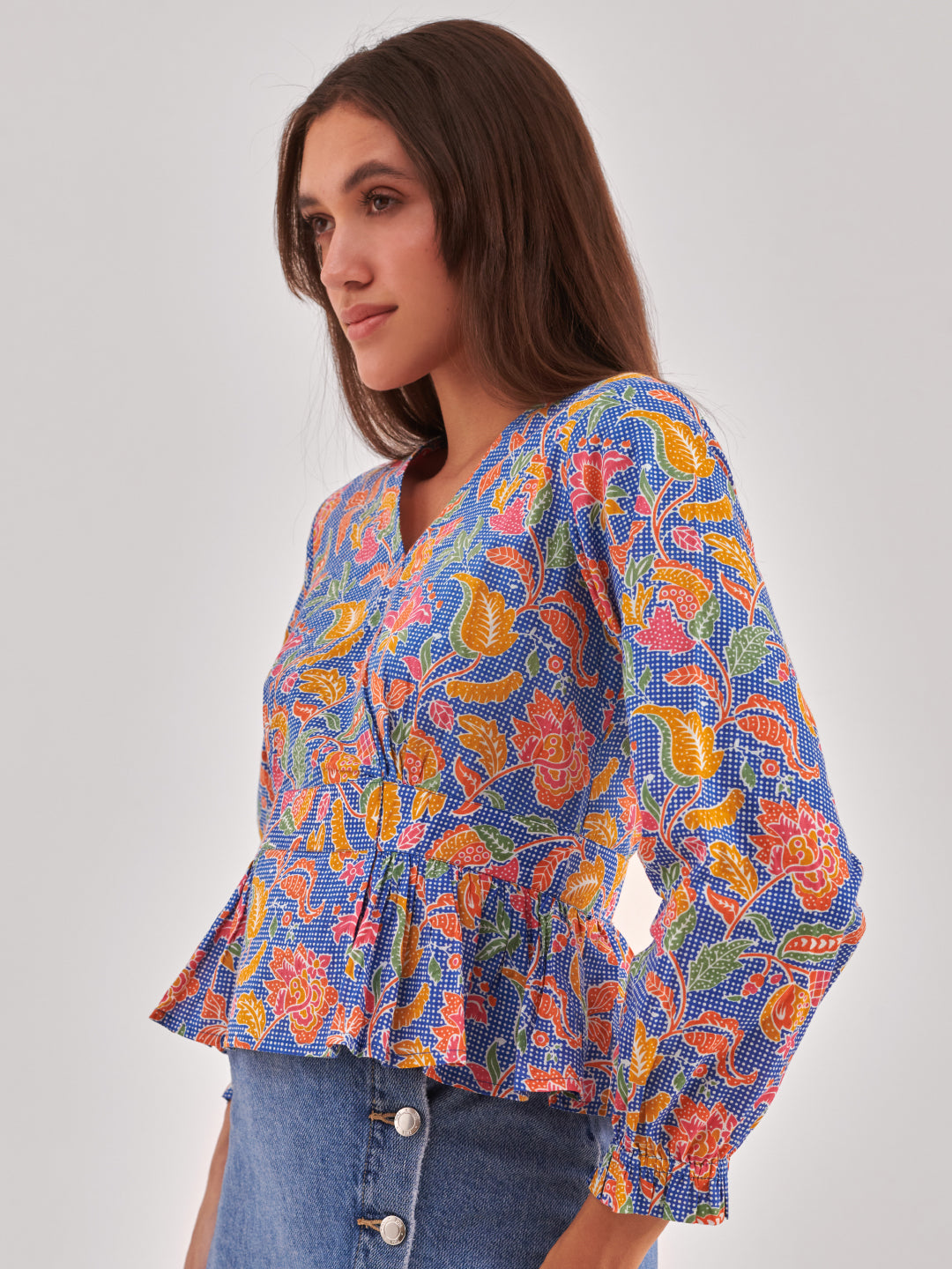 Blue printed cinched waist top