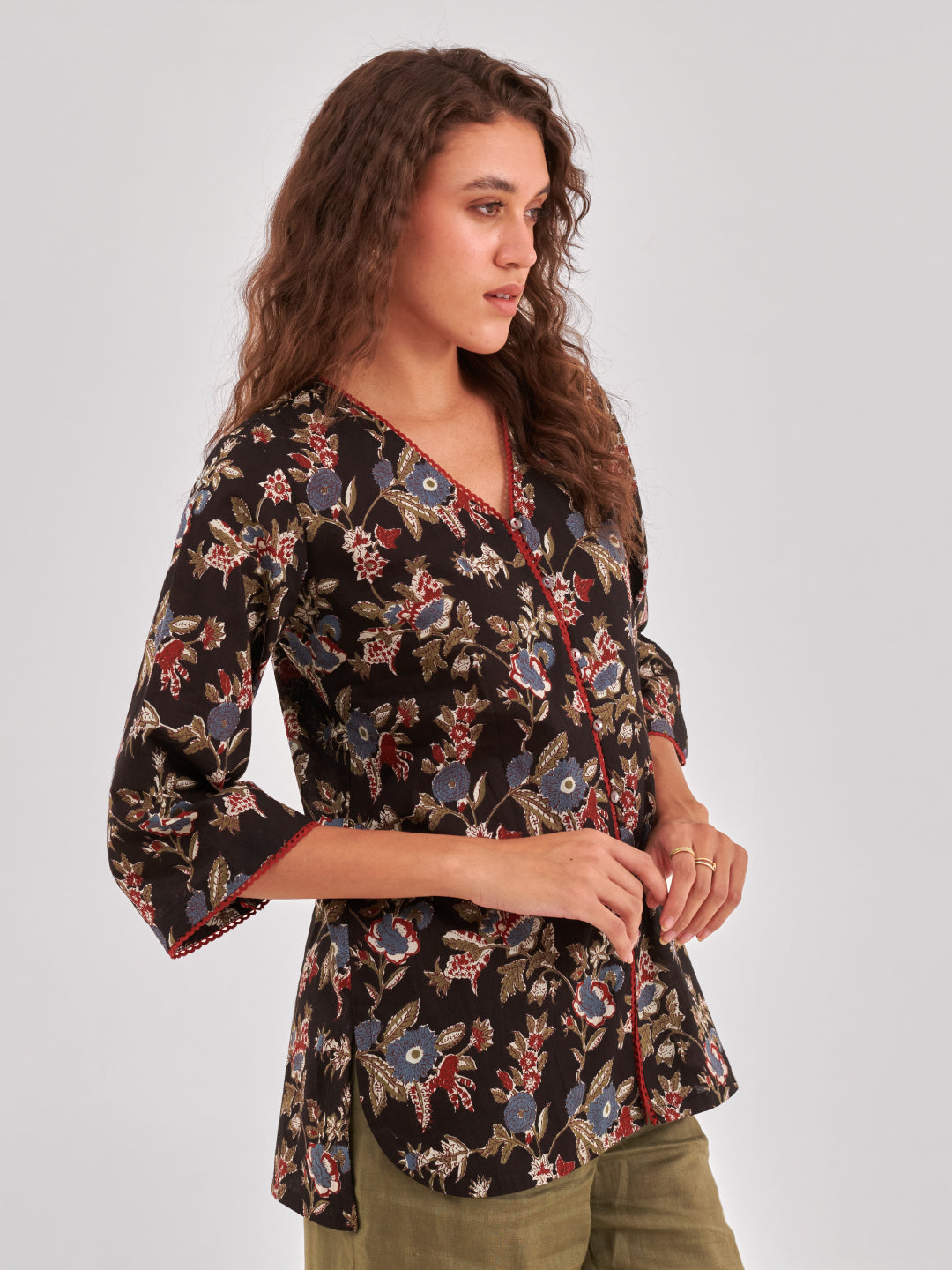Floral Print Cotton Shirt Style Top