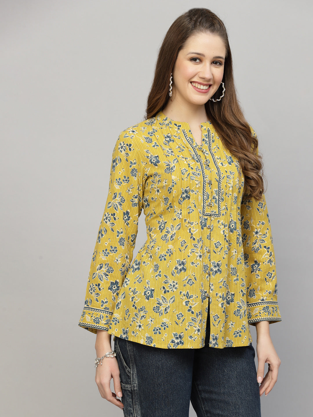 Yellow Floral Printed Shirt Style Top