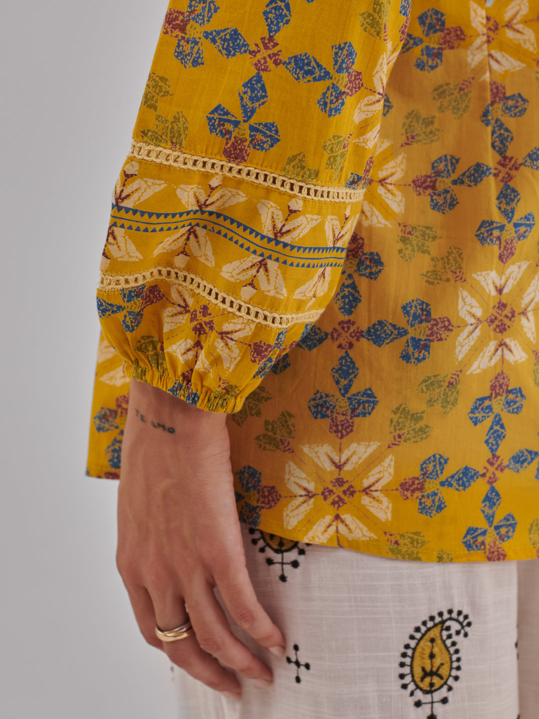 Mustard Floral Print Lace Insert cotton Top