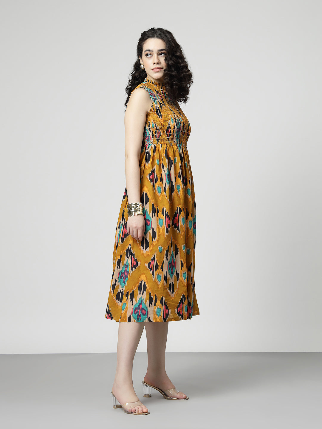 Ikat Print smocking midi dress