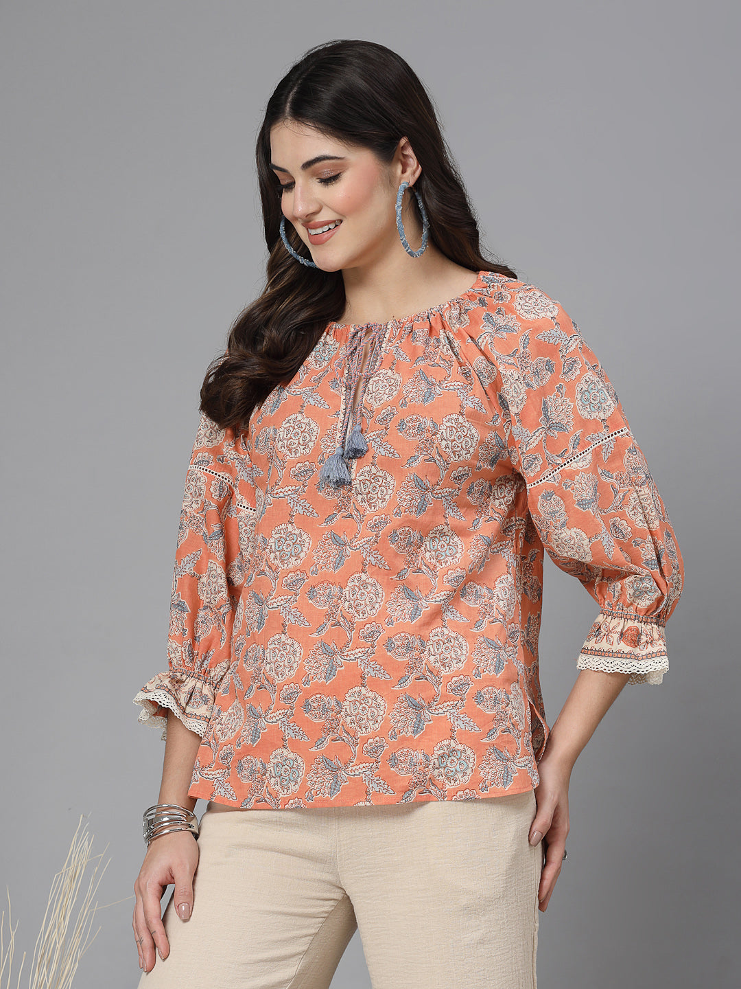 Floral print puff sleeve cotton top