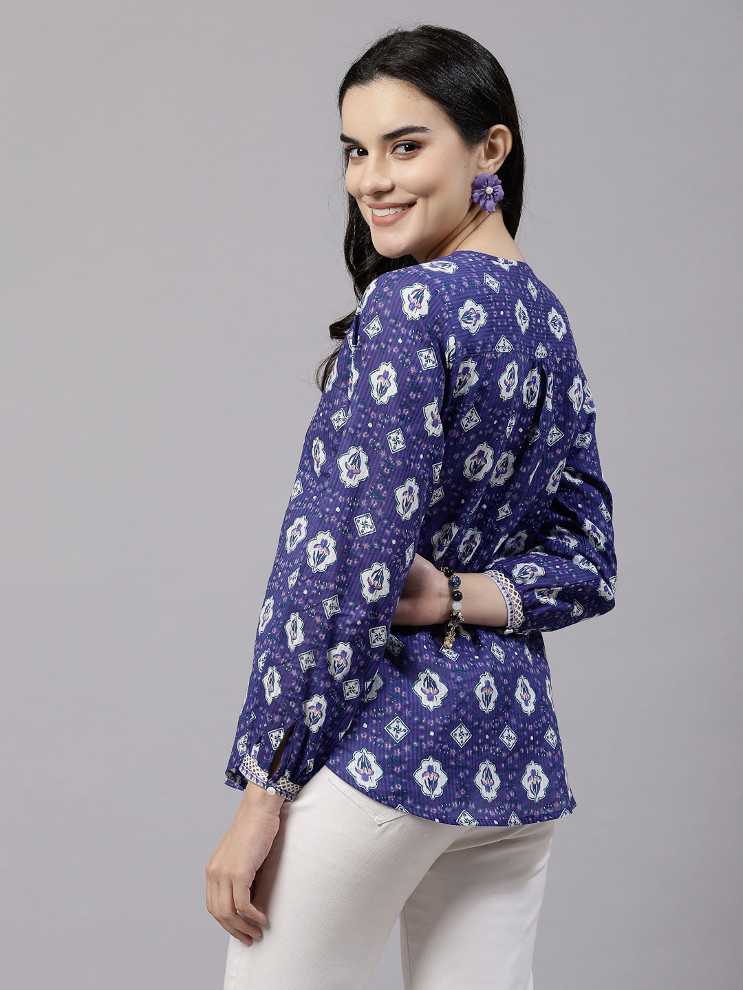 Violet floral printed Top with lace inserts