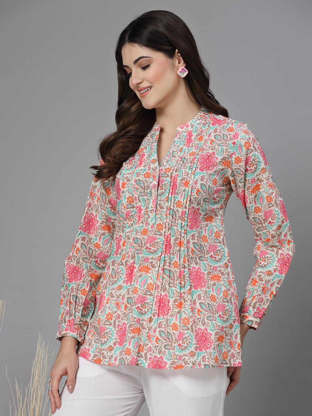 Pink Floral Print Mandarin Collar Long Sleeves Pintucks Top