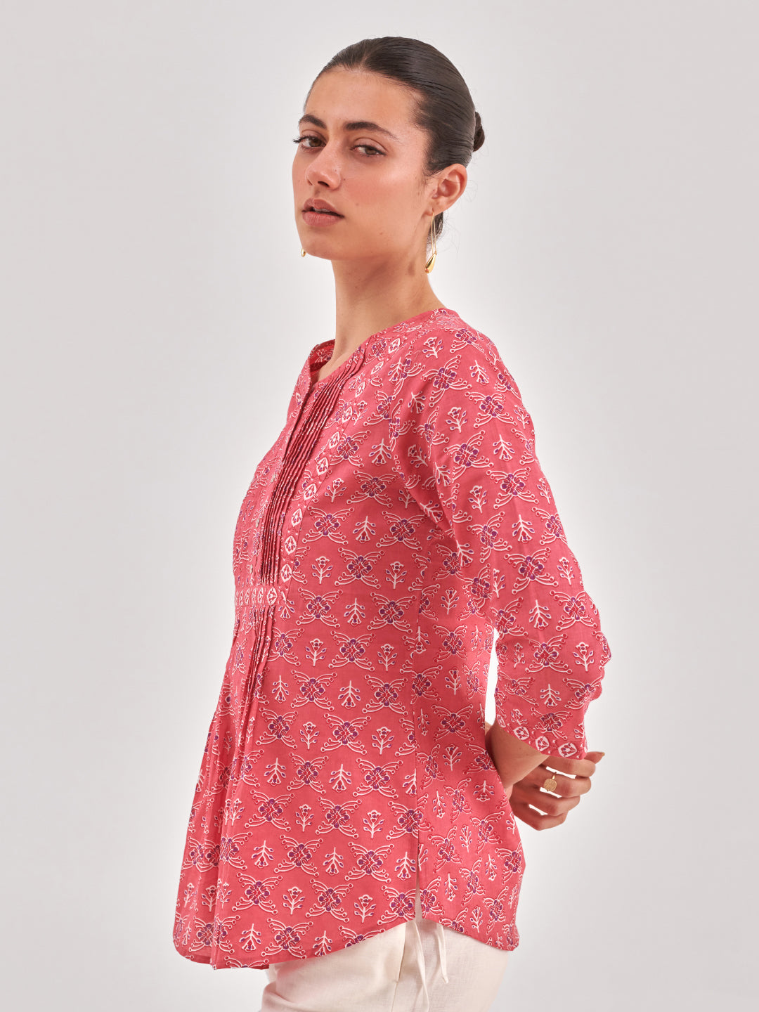 Pink Printed Pintucks Detail Top