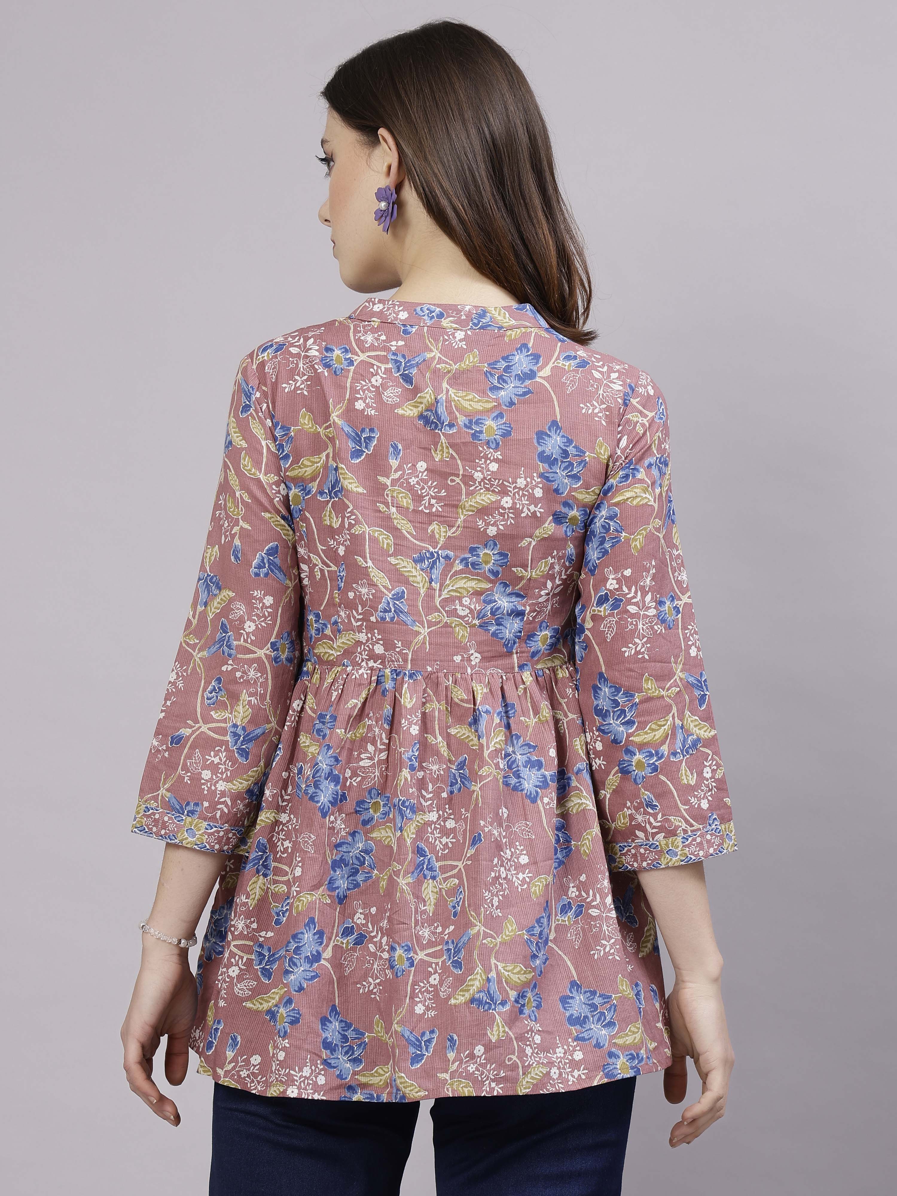 Rose pink floral printed Top with embellished yoke