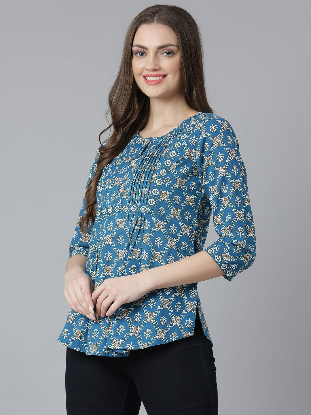Teal Printed Pintucks Detail Top