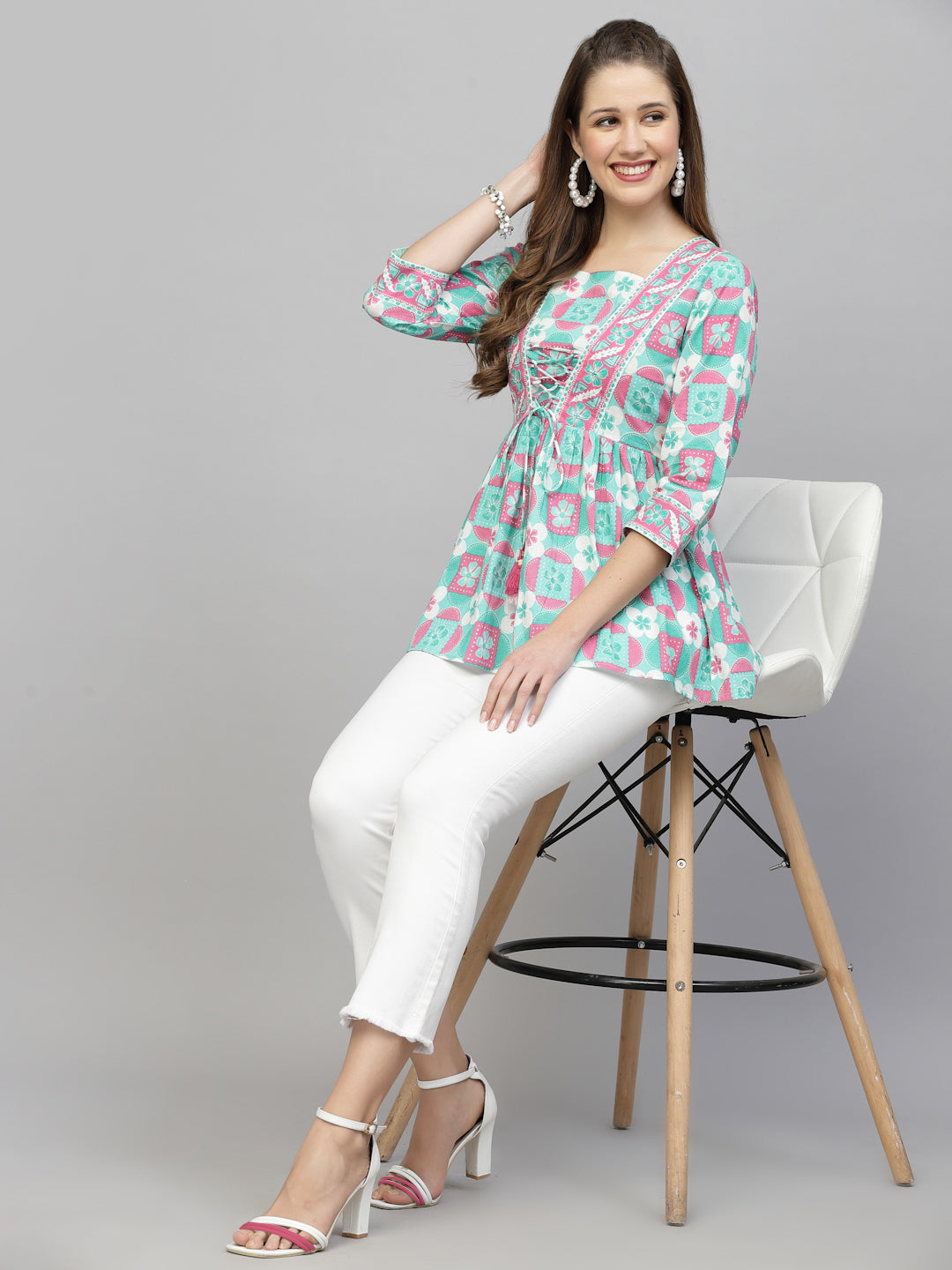 Sea Green Floral Print Tie up Top