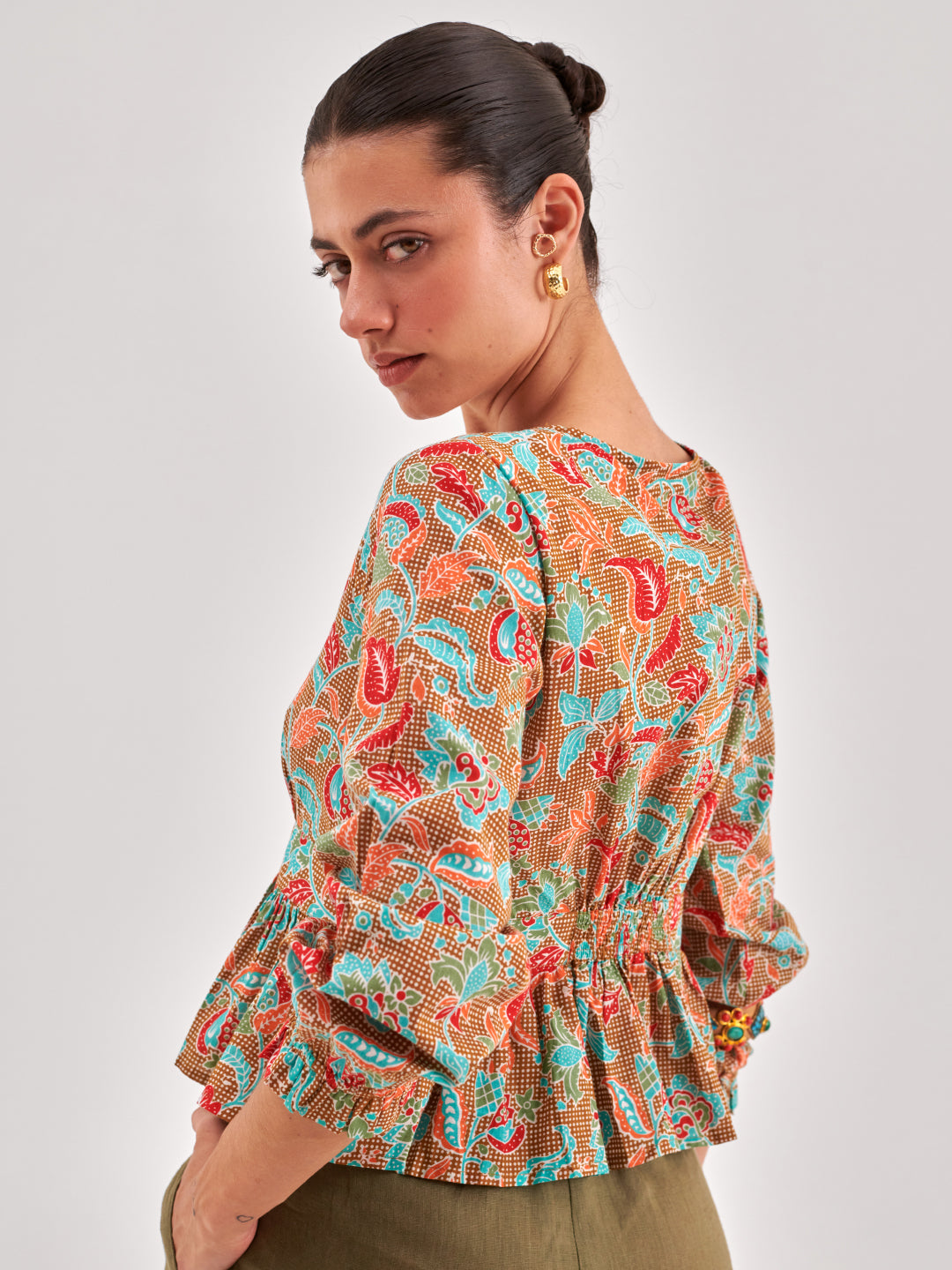 Khaki printed cinched waist top