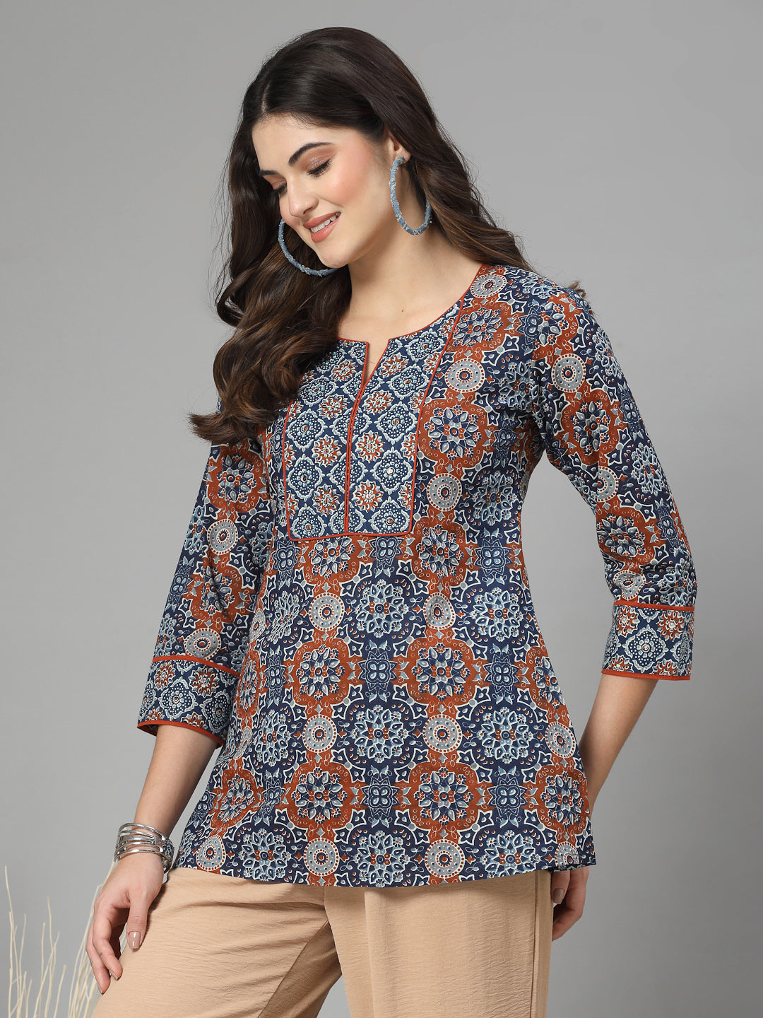 Blue Printed Staright Cotton Top