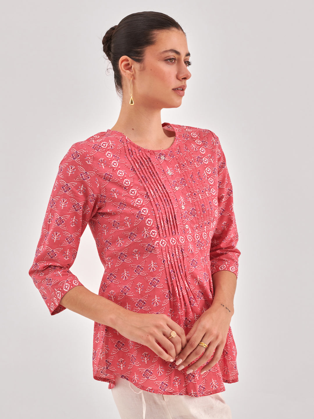 Pink Printed Pintucks Detail Top