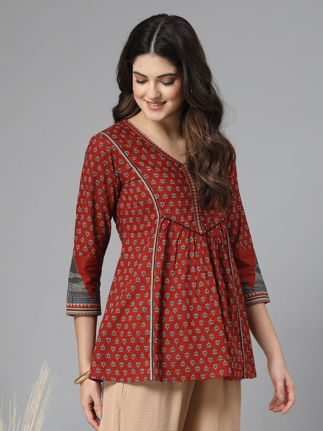 Red Printed V-Neck Gathered Pure Cotton Empire Top