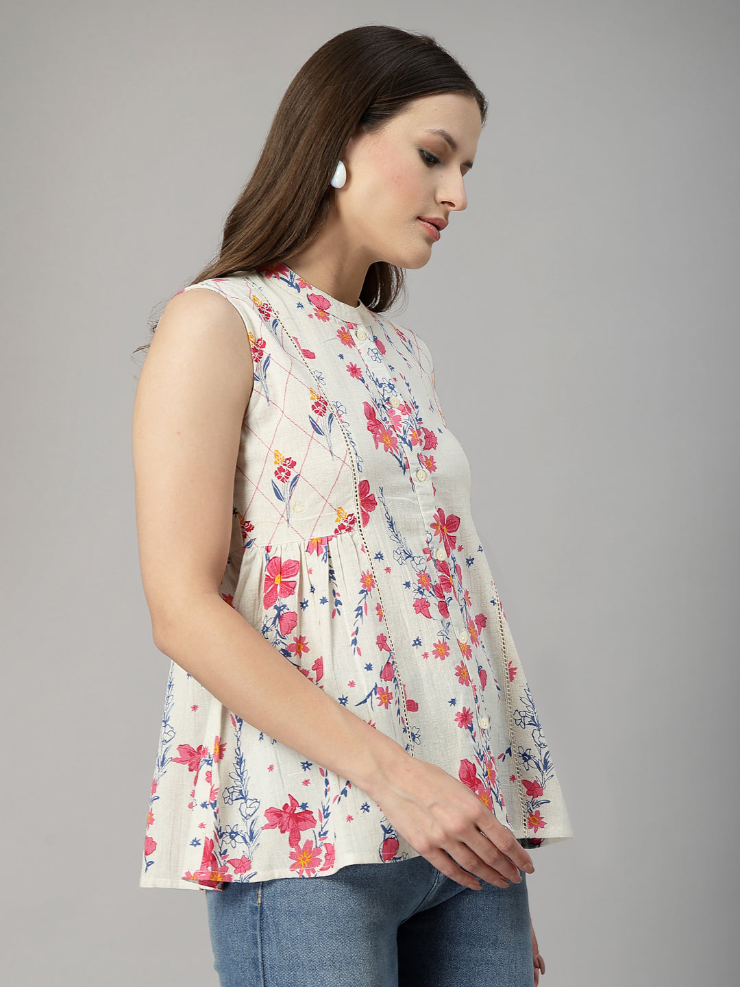 Pink Floral Sleeveless Cotton Top