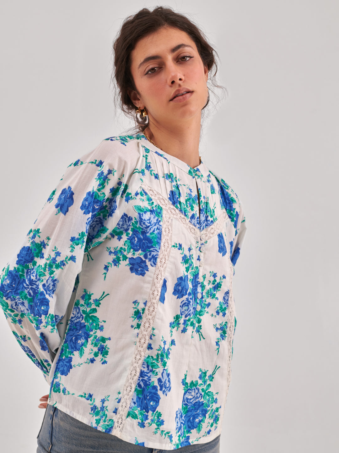 Rose print lace insert Top