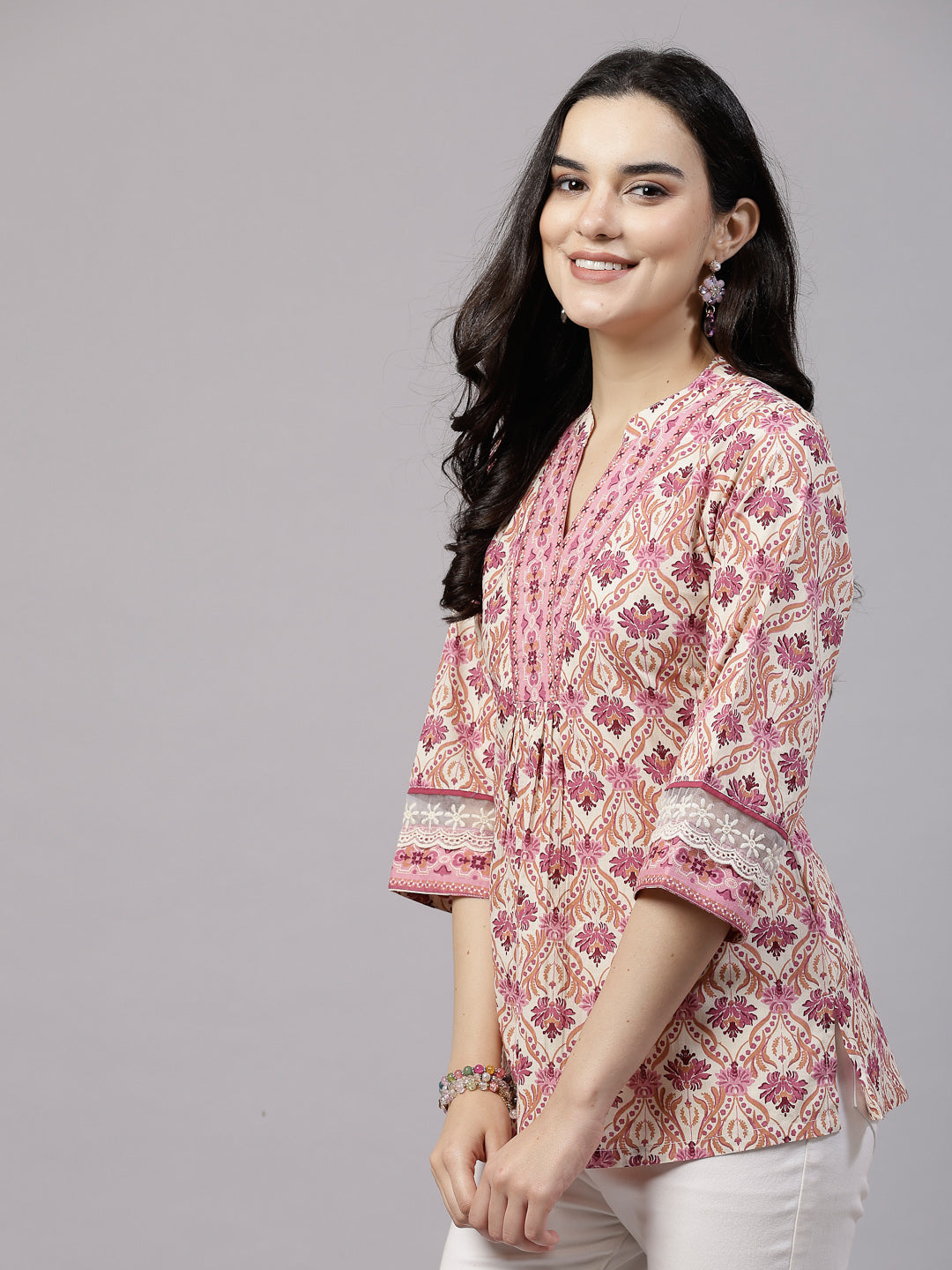 Pink Printed Top with lace detail