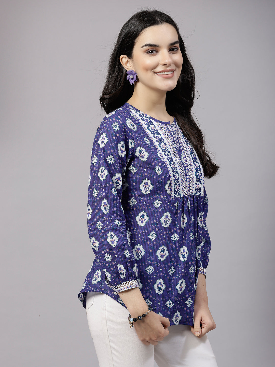 Violet floral printed Top with lace inserts