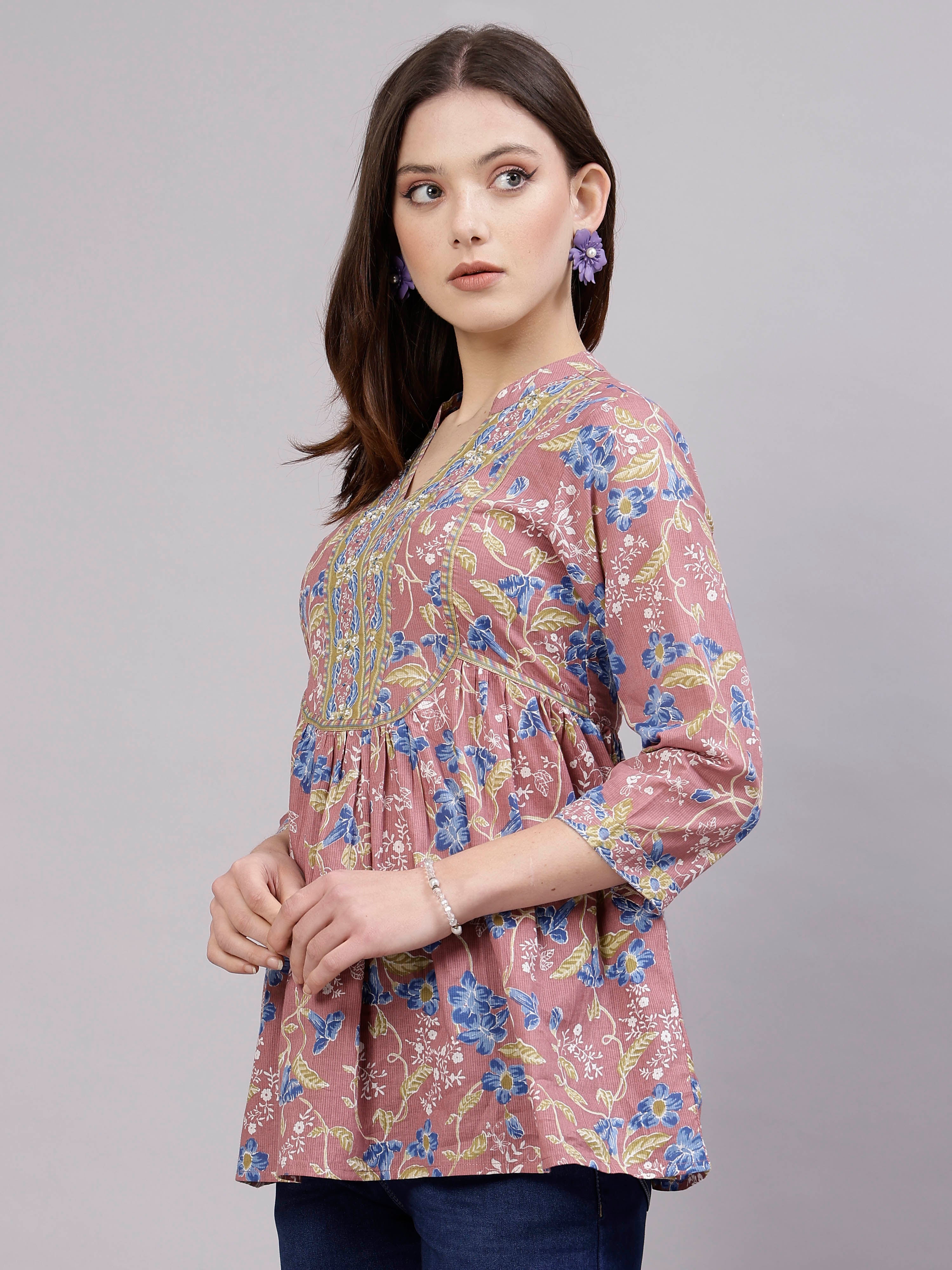 Rose pink floral printed Top with embellished yoke
