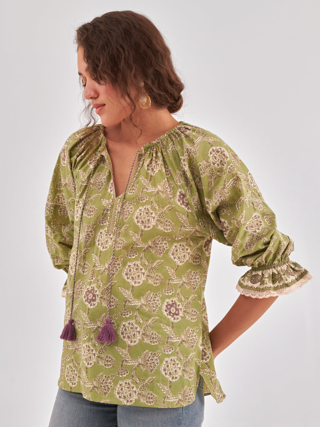 Floral print puff sleeve cotton top