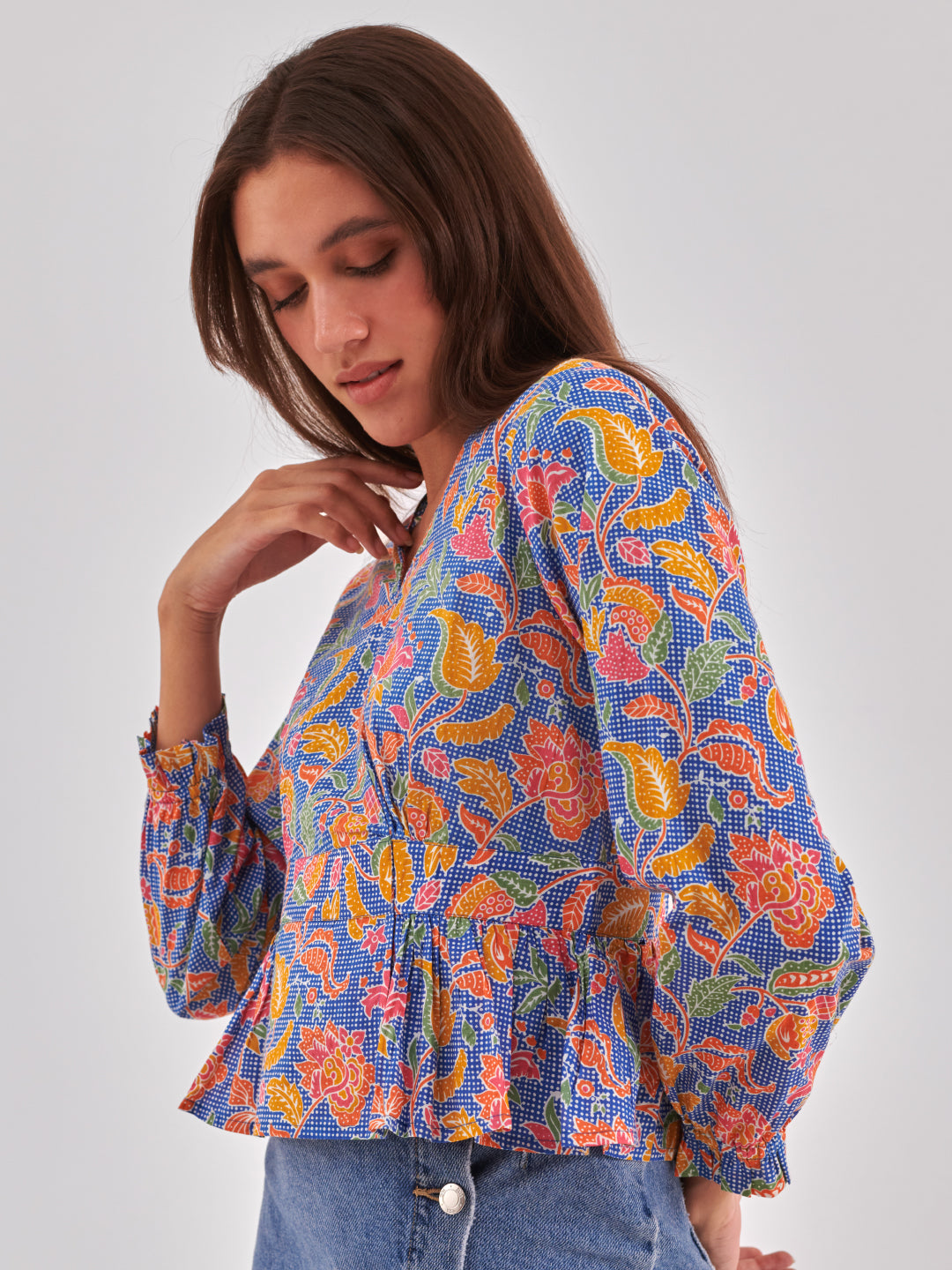 Blue printed cinched waist top