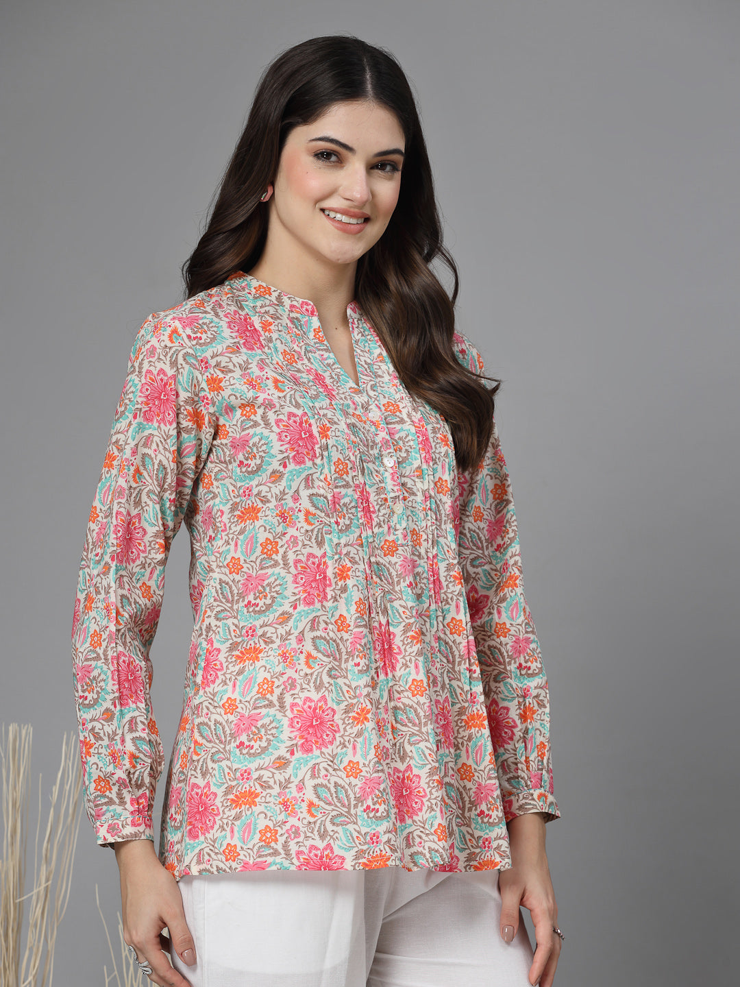 Pink Floral Print Mandarin Collar Long Sleeves Pintucks Top