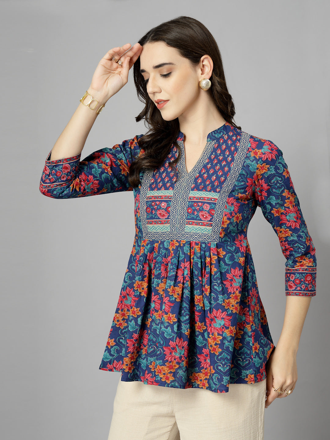 Floral Print Mandarin Collar Cotton Top