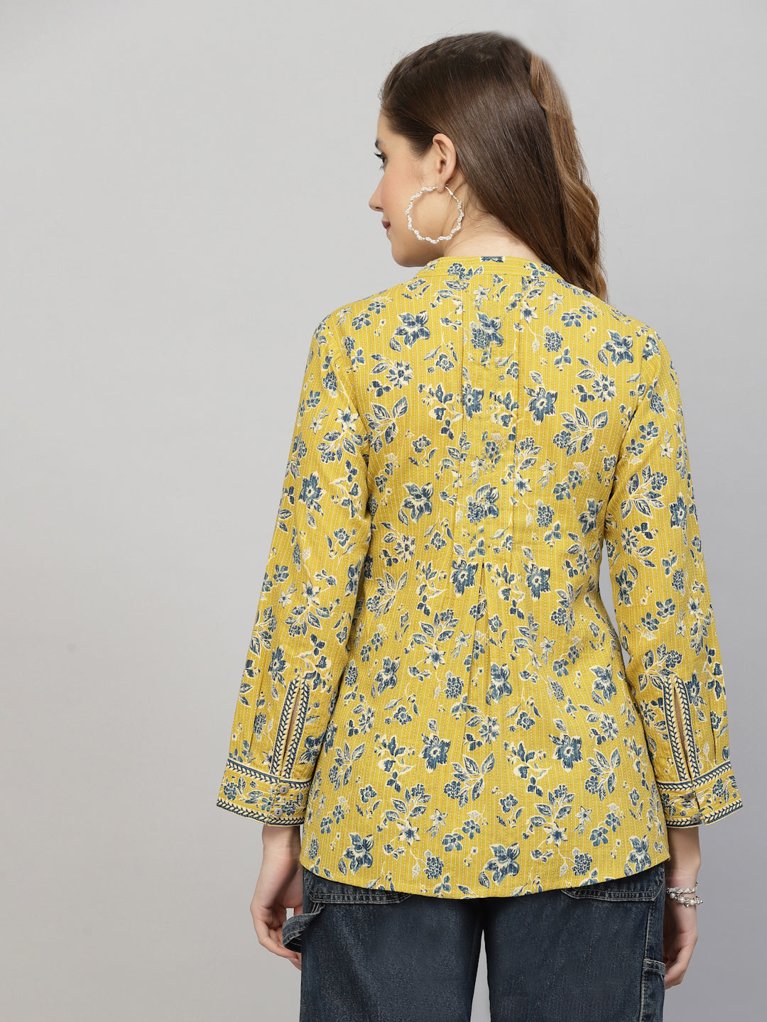 Yellow Floral Printed Shirt Style Top