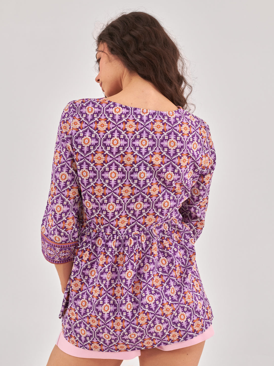 Purple Printed top with gathers and tie up detail
