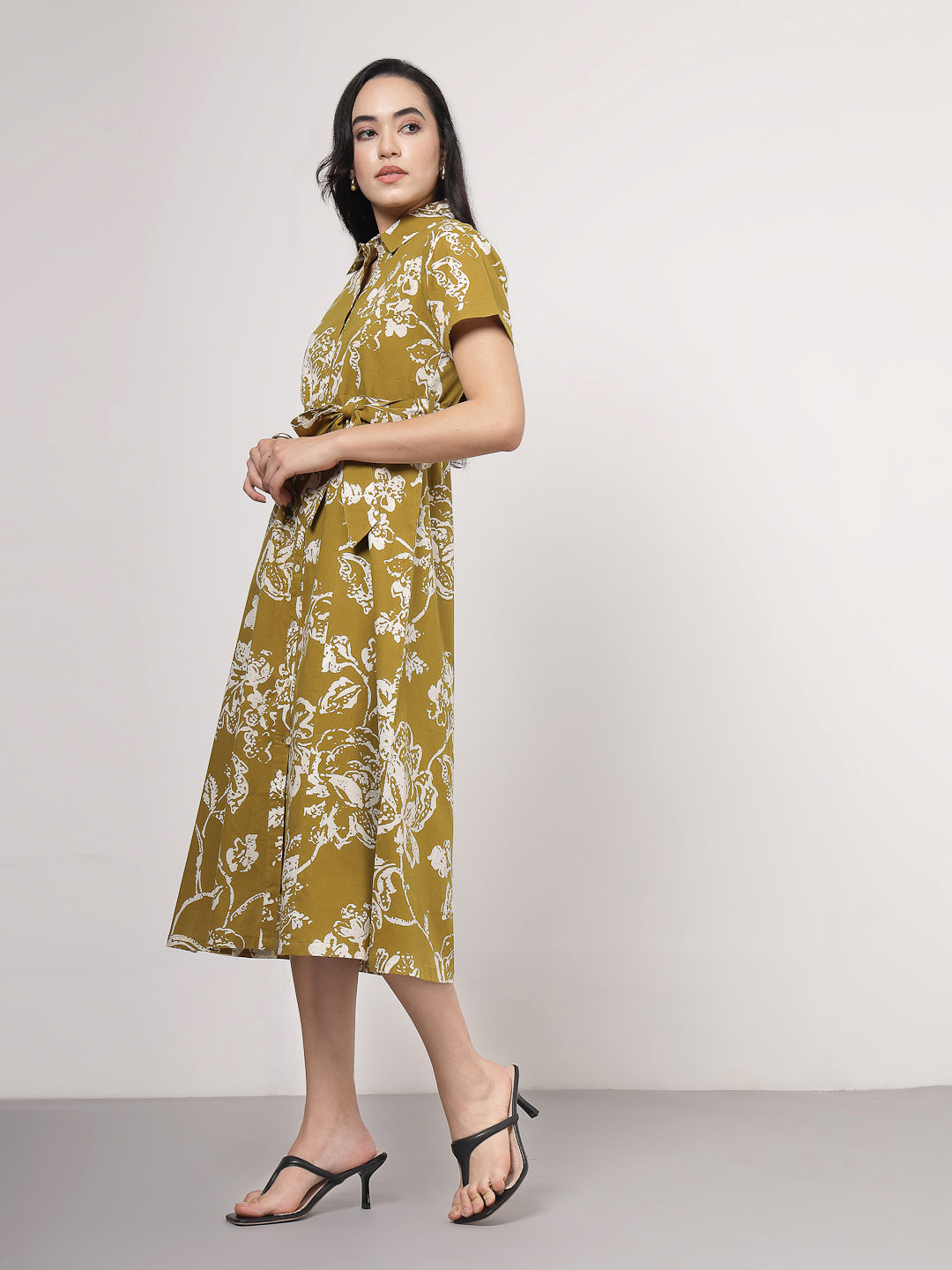 Olive Botanical Print midi Dress
