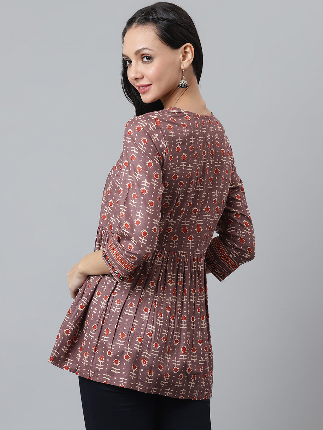 Rust Printed top with gathers and tie up detail