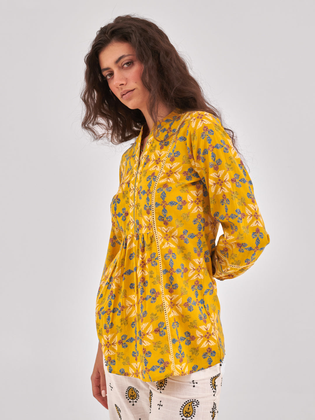 Mustard Floral Print Lace Insert cotton Top