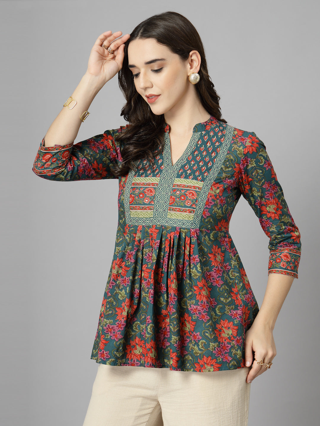 Floral Print Mandarin Collar Cotton Top