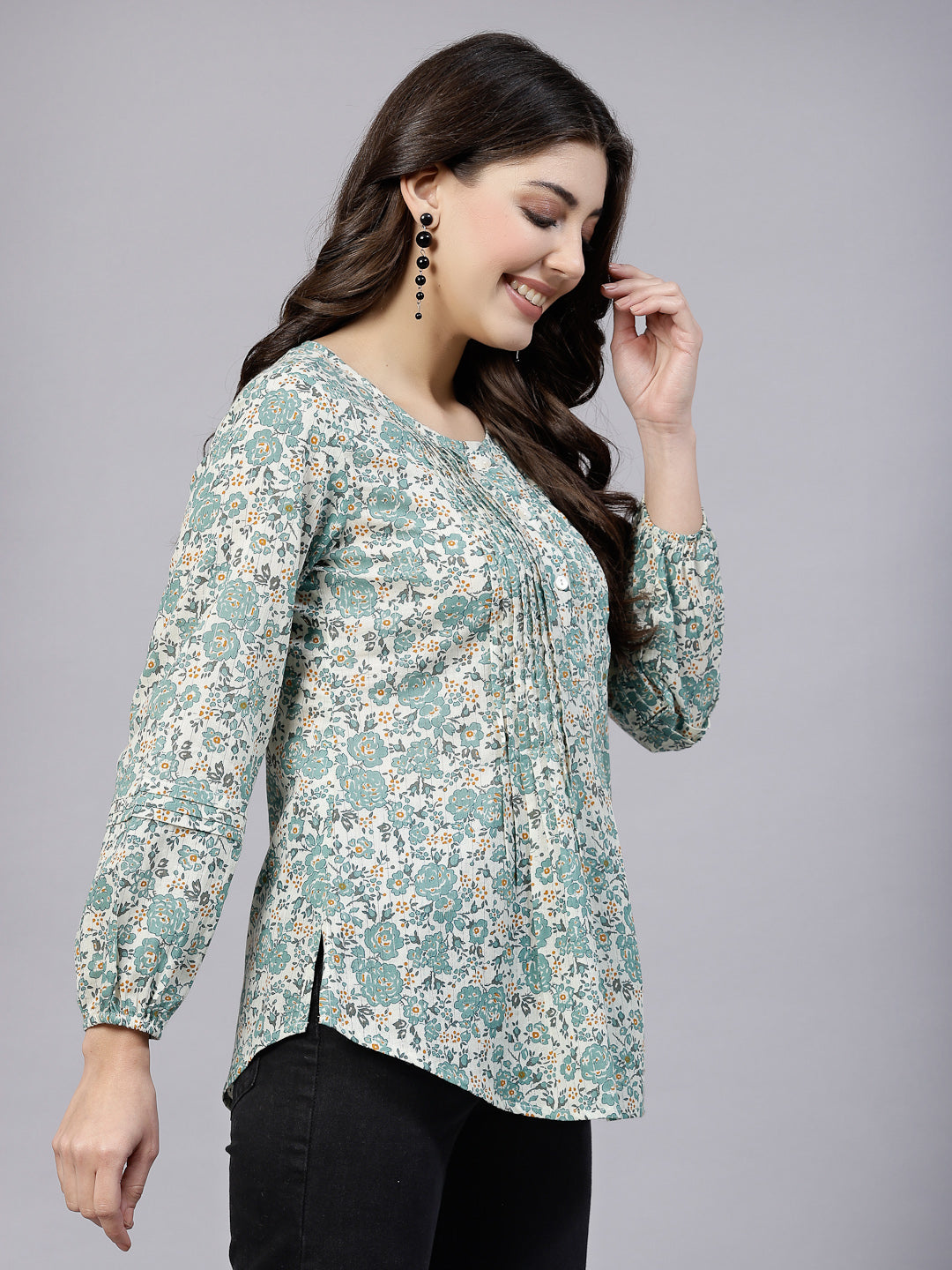 Green Ditsy Floral Print Top