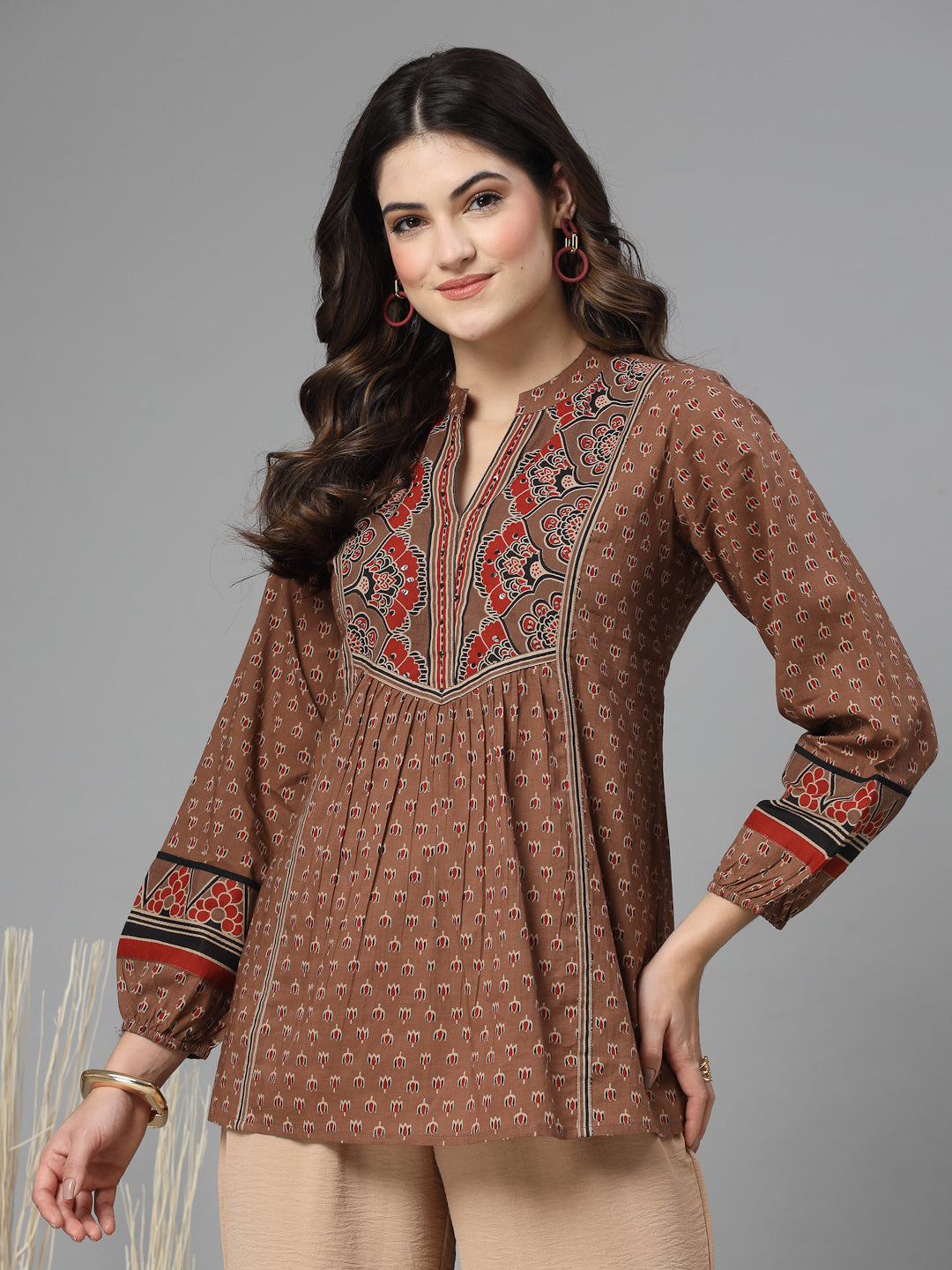 Rust Print Mandarin Collar Empire Pure Cotton Top