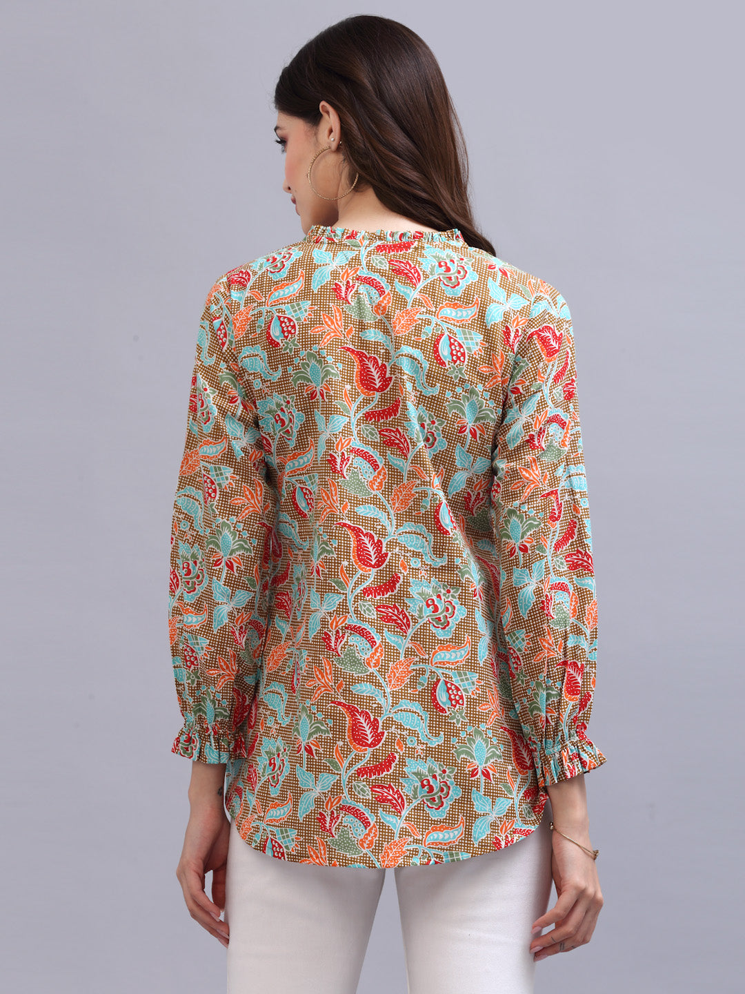 Khaki floral printed top with ruffles