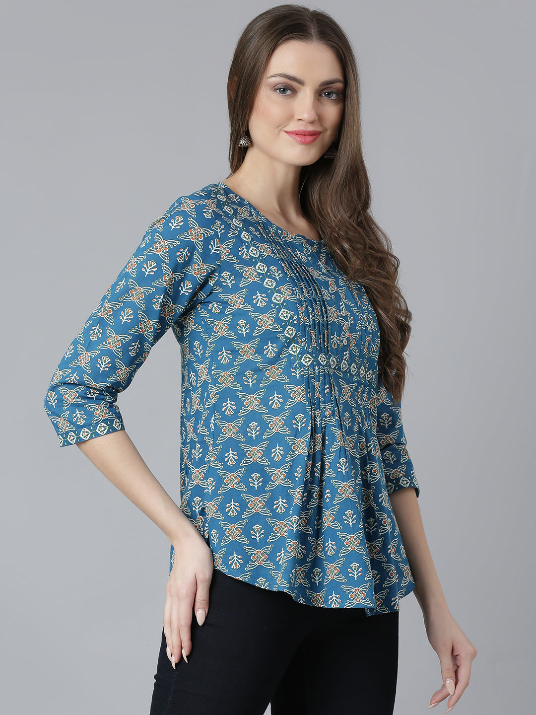 Teal Printed Pintucks Detail Top