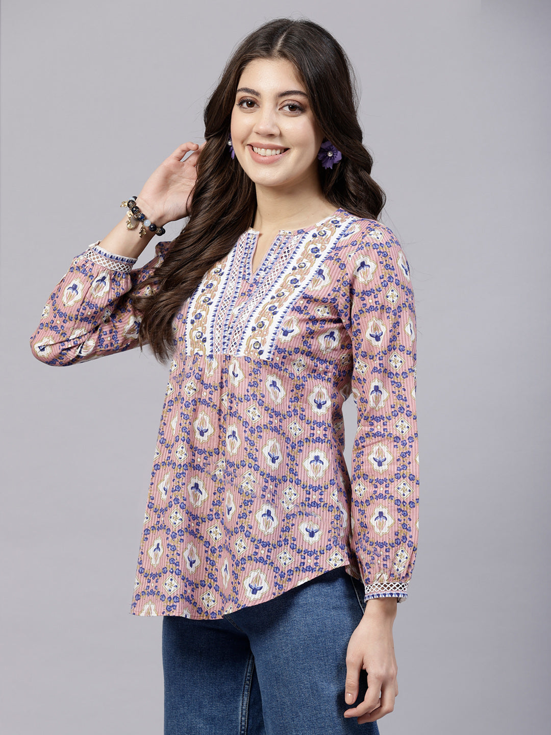 Pink floral printed Top with lace inserts