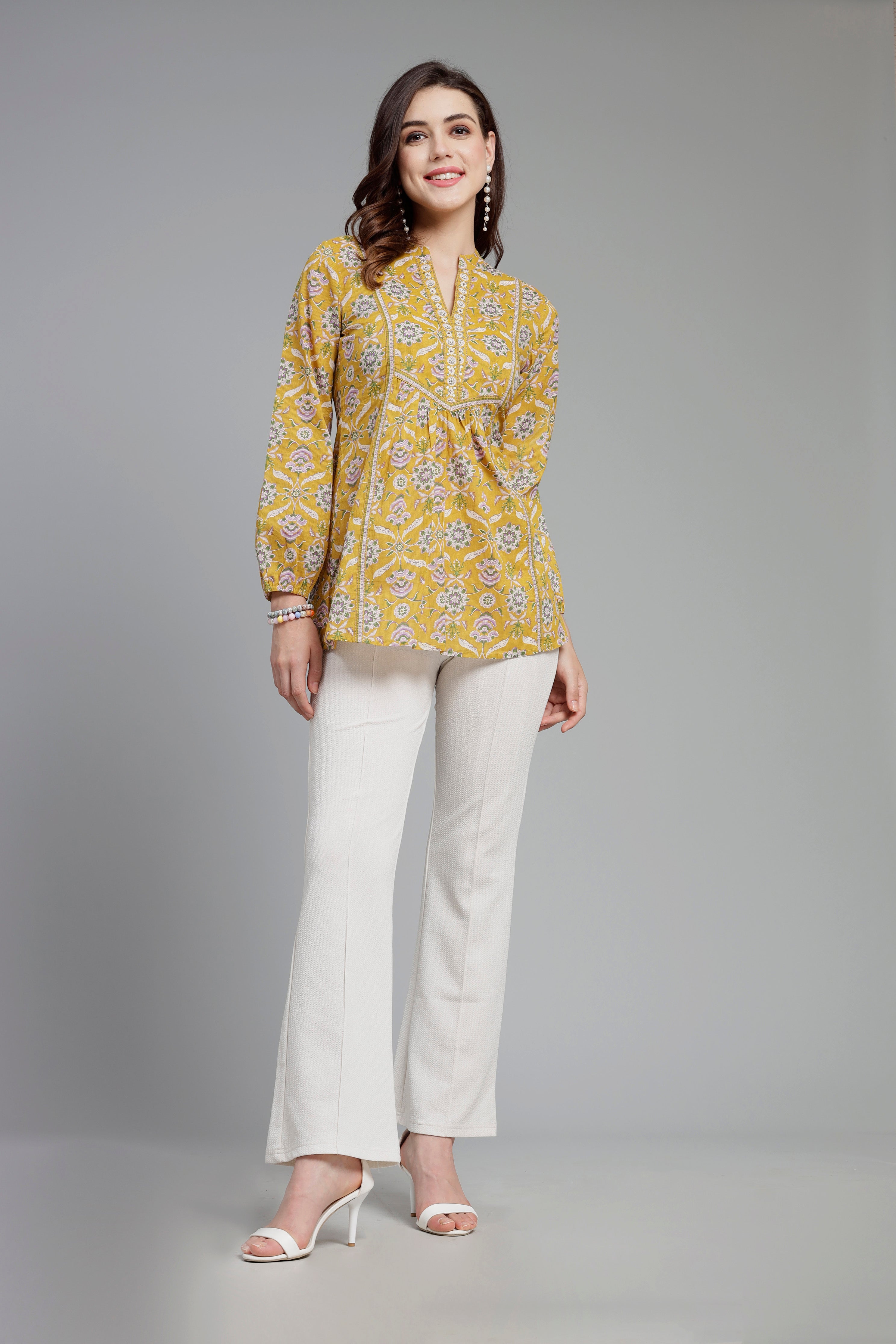 Ethnic Motifs Printed Mandarin Collar Pure Cotton Top